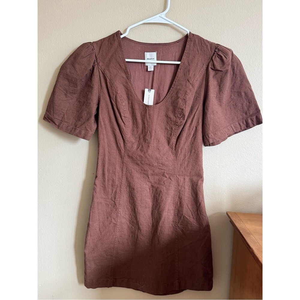 Anthropologie Maeve Brown Linen Blend Puff Sleeve Cutout Back Mini Dress NWT XS